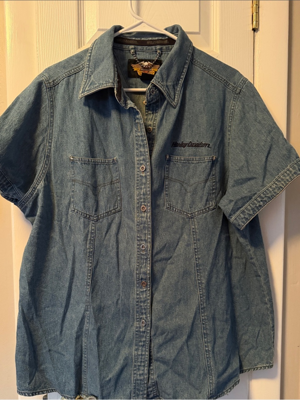 Harley-Davidson Denim Short Sleeve Button-Up in Light Blue